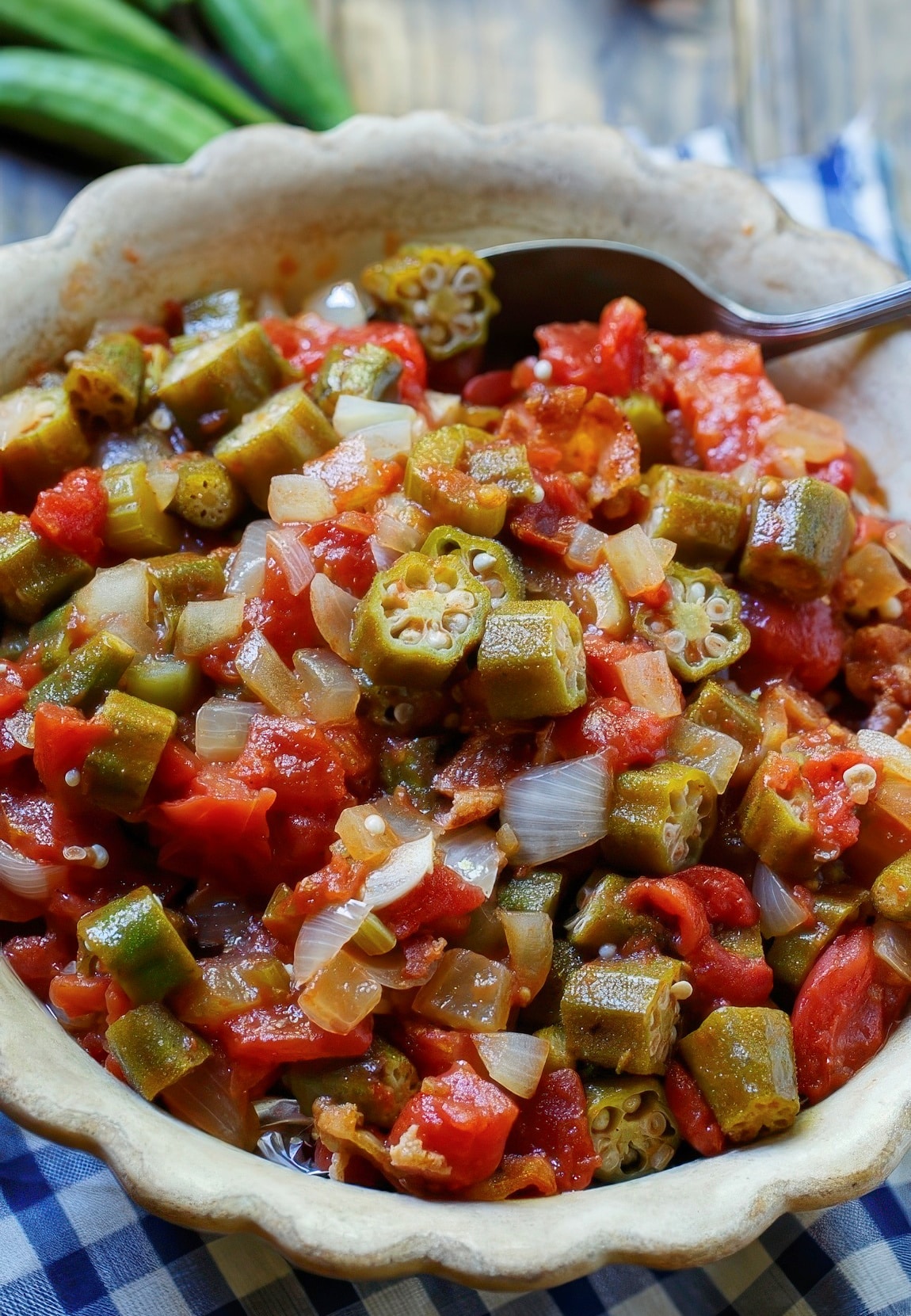 Stewed Okra and Tomatoes in a serving bowl.