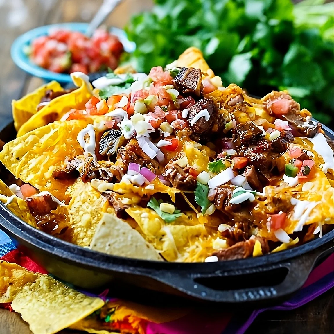 BBQ Brisket Nachos in a cast iron pan.