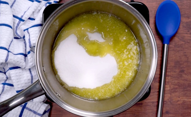 Sugar and butter in saucepan.