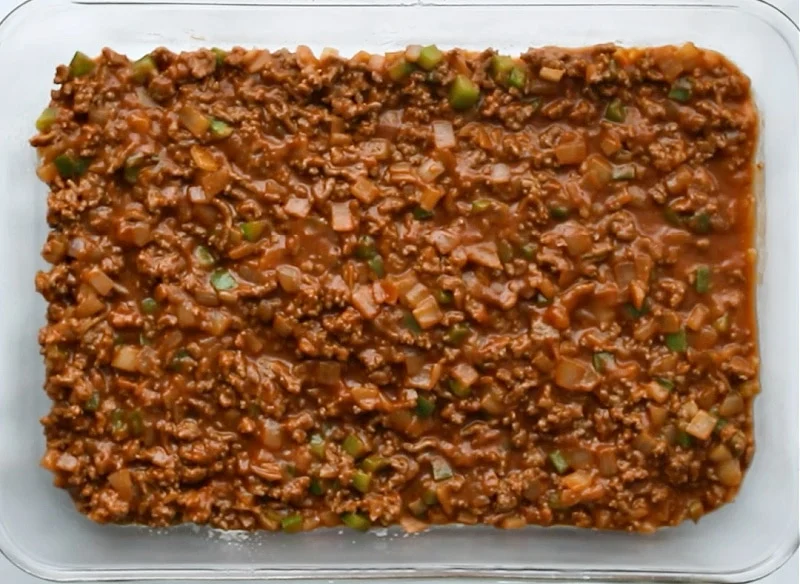 Sloppy joe layer in baking dish.