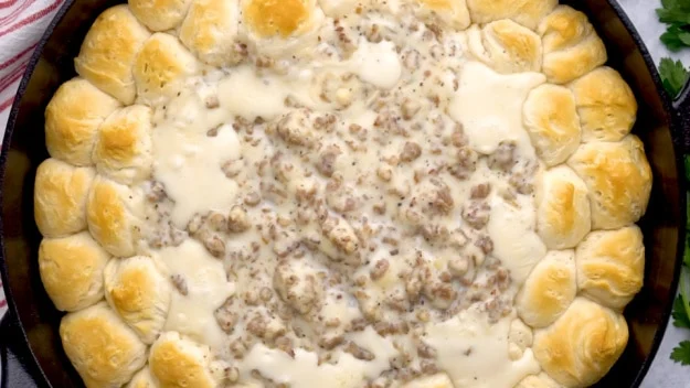Baked biscuit ring in skillet.