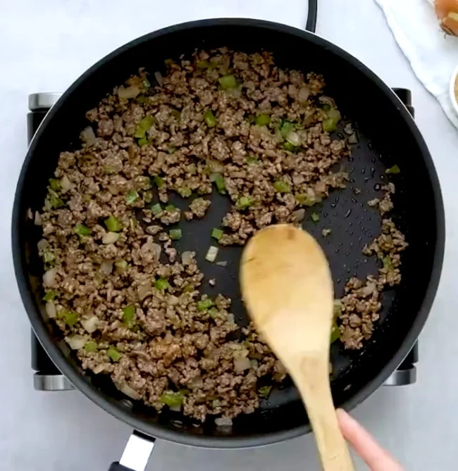 Ground beef mixture in skillet.