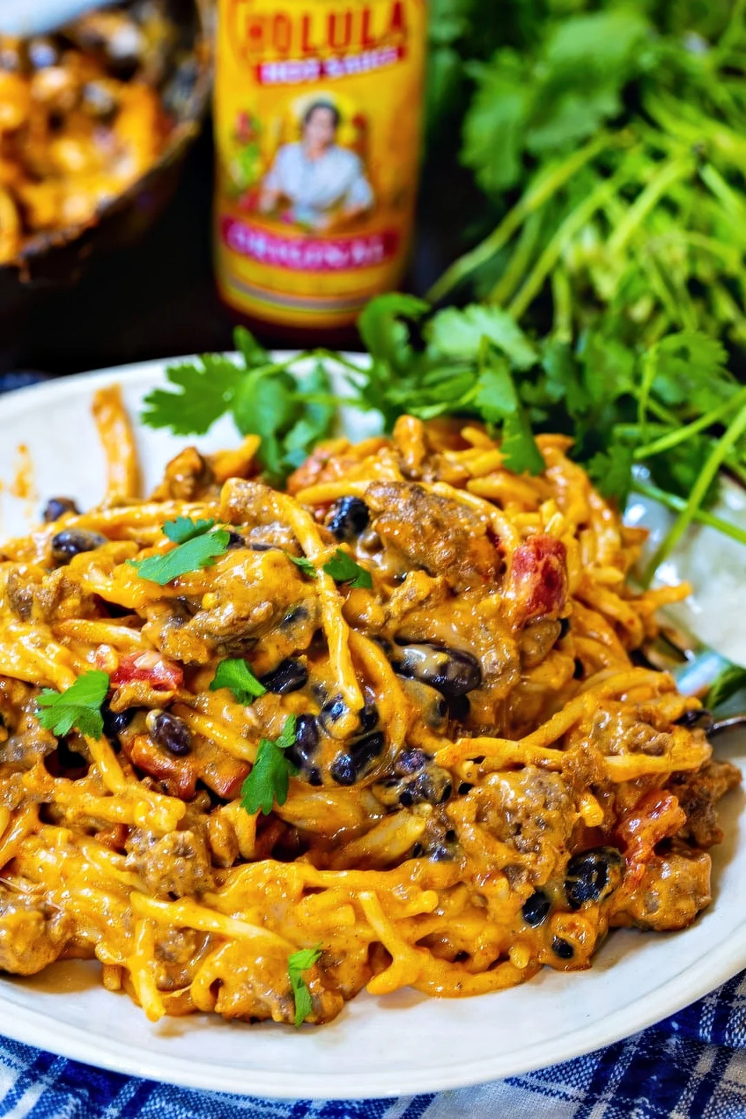 Taco Spaghetti on a white plate.