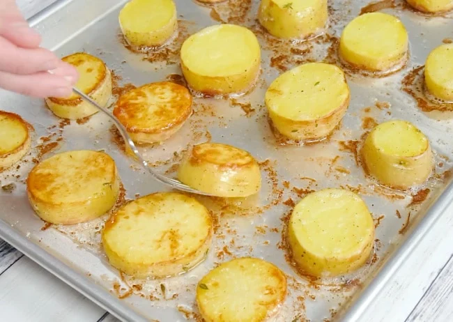 Flipping potatoes first time.