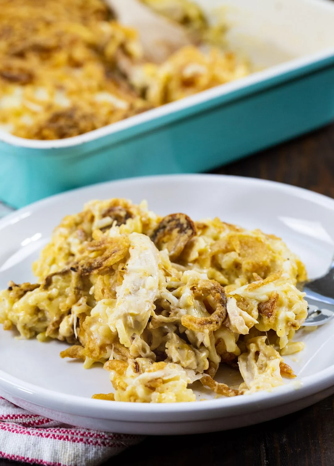 Casserole dished up on a plate.