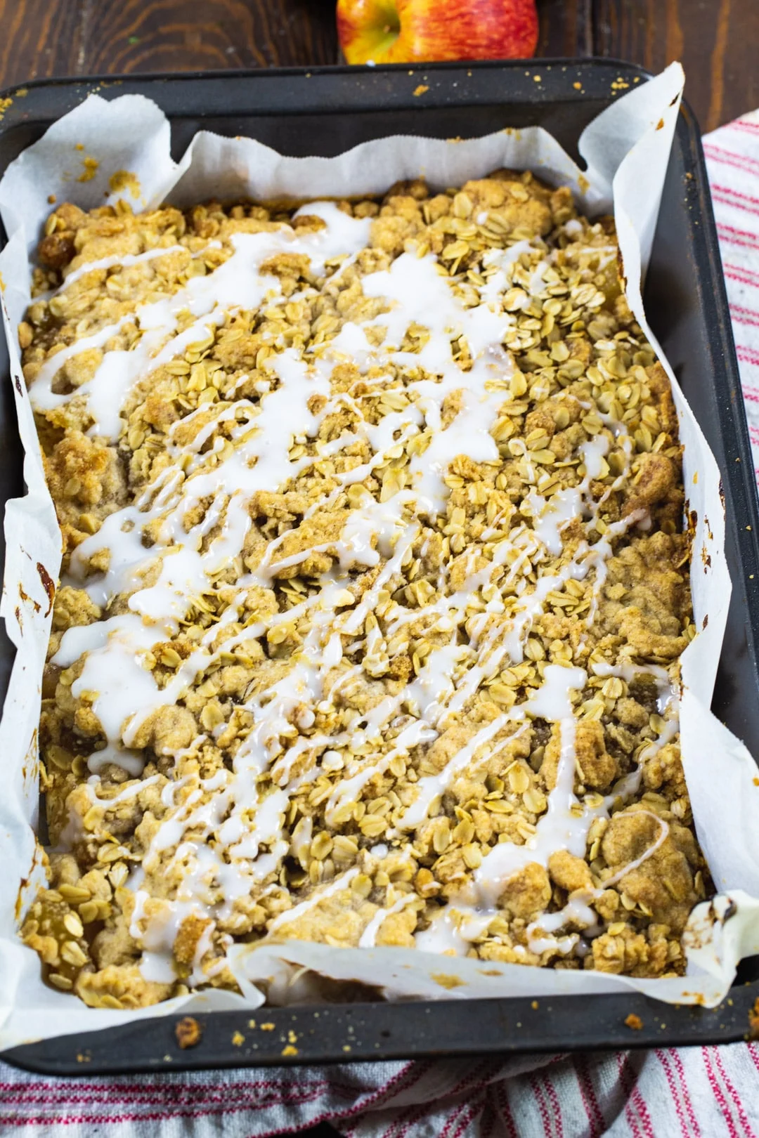 Oatmeal Crumb Apple Bars in a 9x13-inch pan.