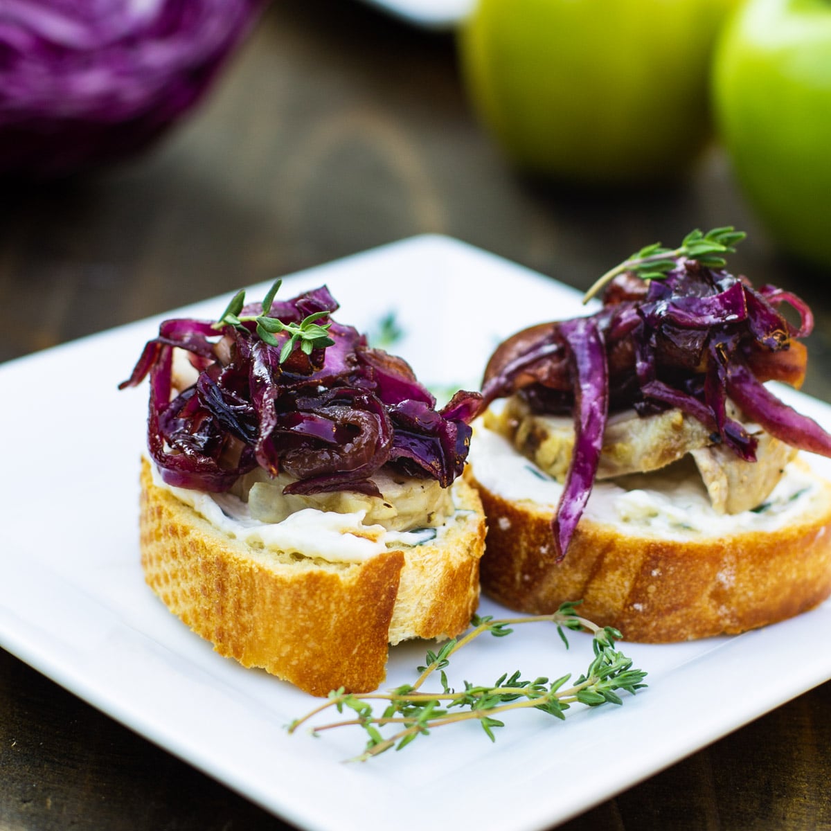 Pork Tenderloin Crostini with Sweet-and-Sour Red Cabbage