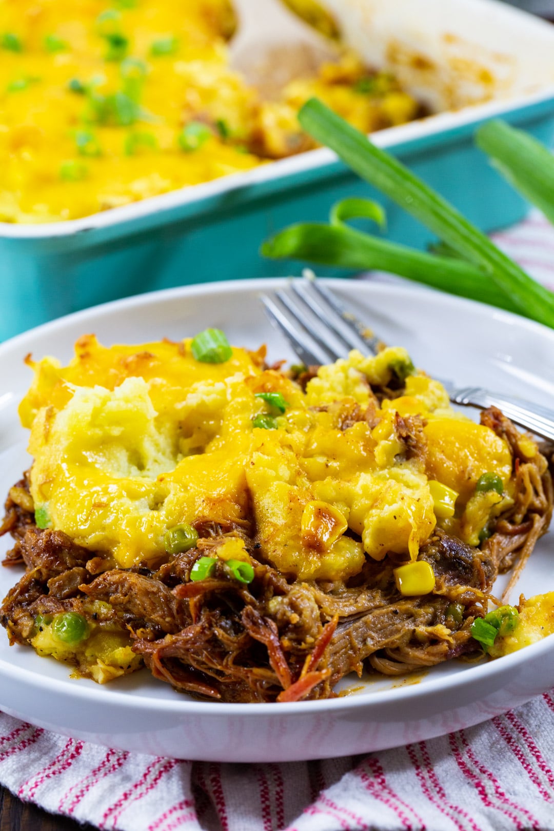 Pulled Pork Shepherd's Pie dished up on a plate.