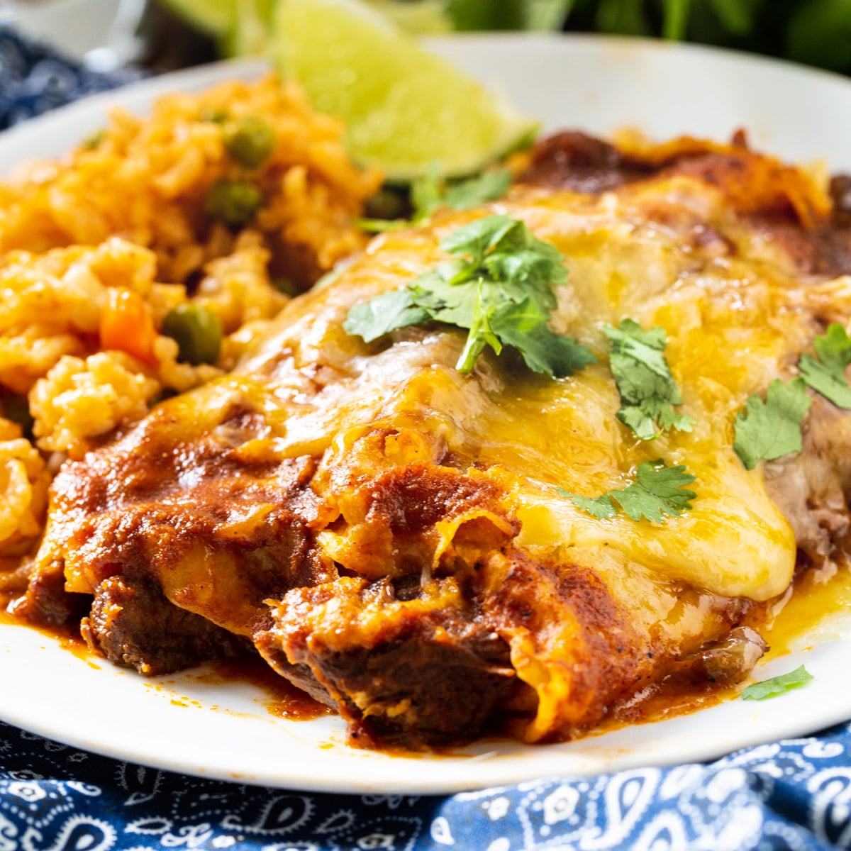 Two Red Enchiladas on a plate with rice.