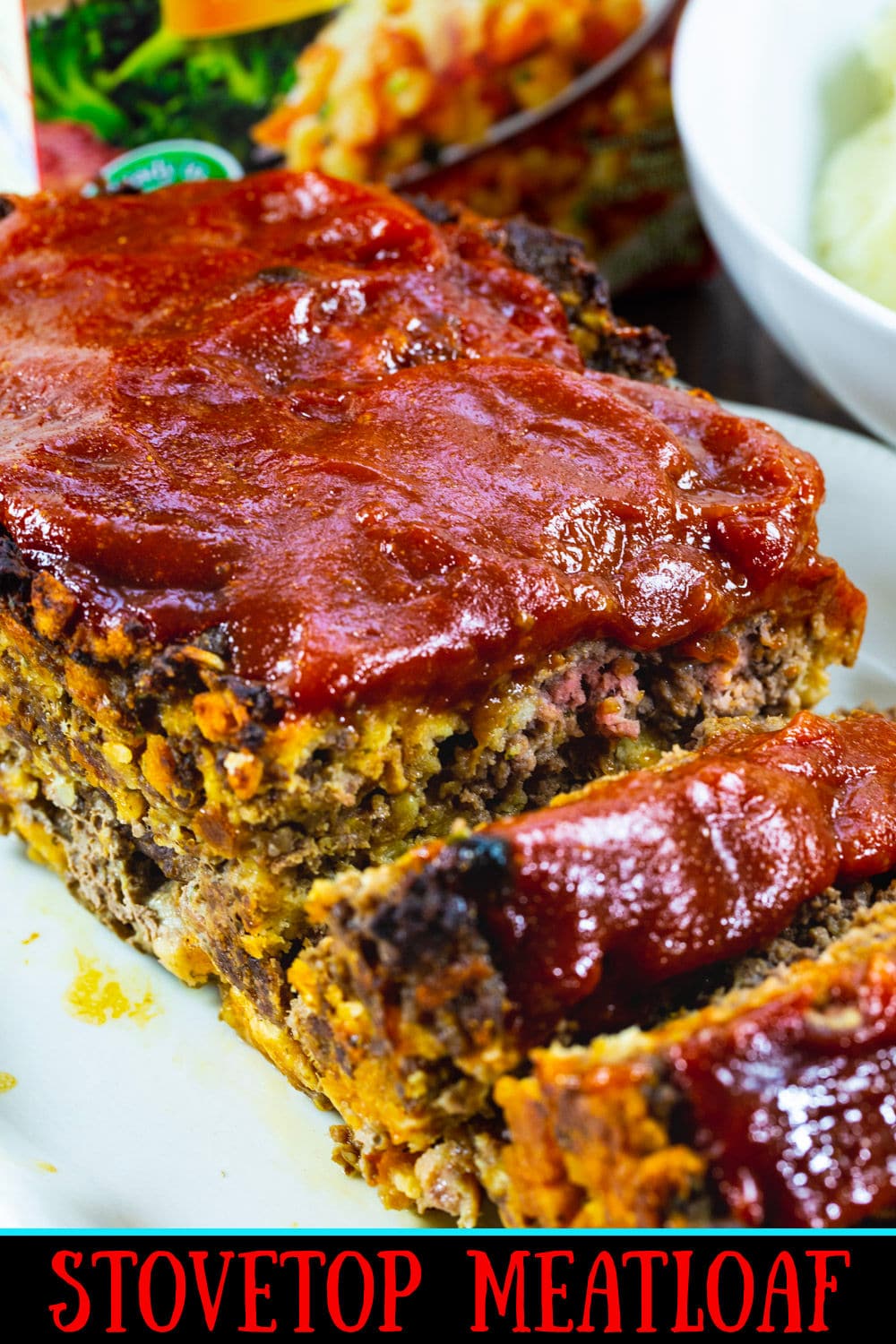 Stove Top Meatloaf cut into slices on a serving platter.