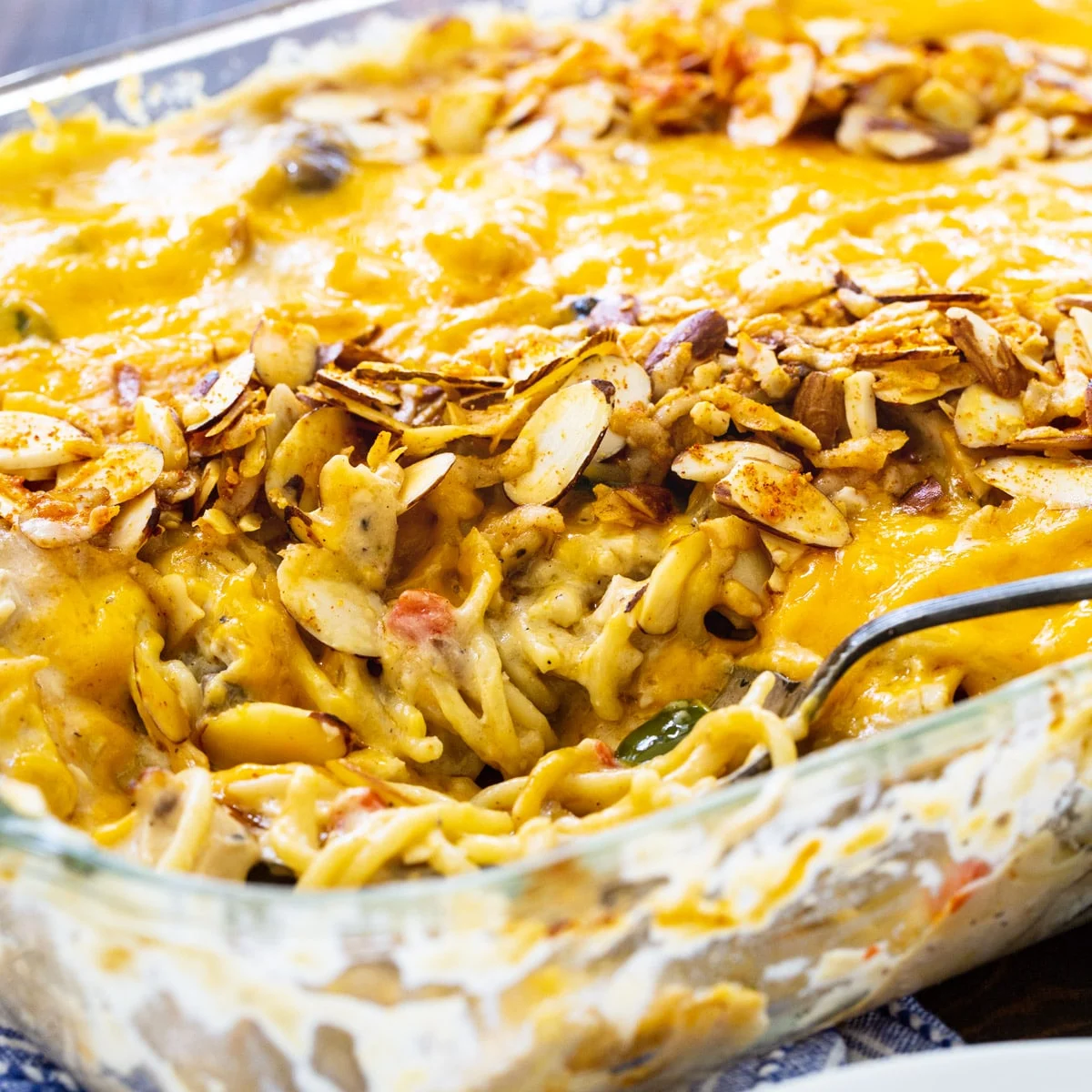 Classic Chicken Tetrazzini in a baking dish.
