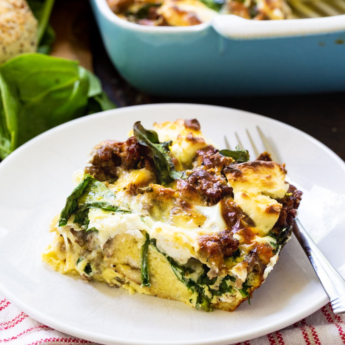 Slice of Everything Bagel Breakfast Casserole on a plate.