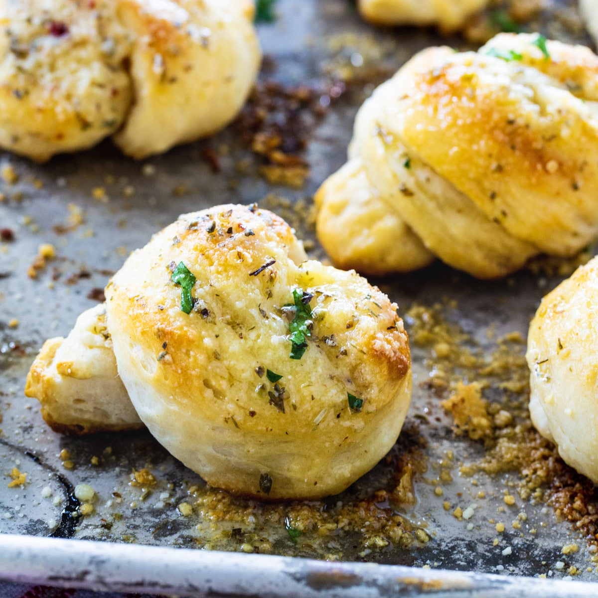 Garlic Knots on a baking sheet.