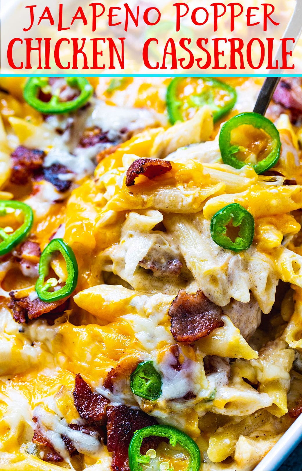 Spoon scooping up Jalapeno Popper Chicken Casserole.