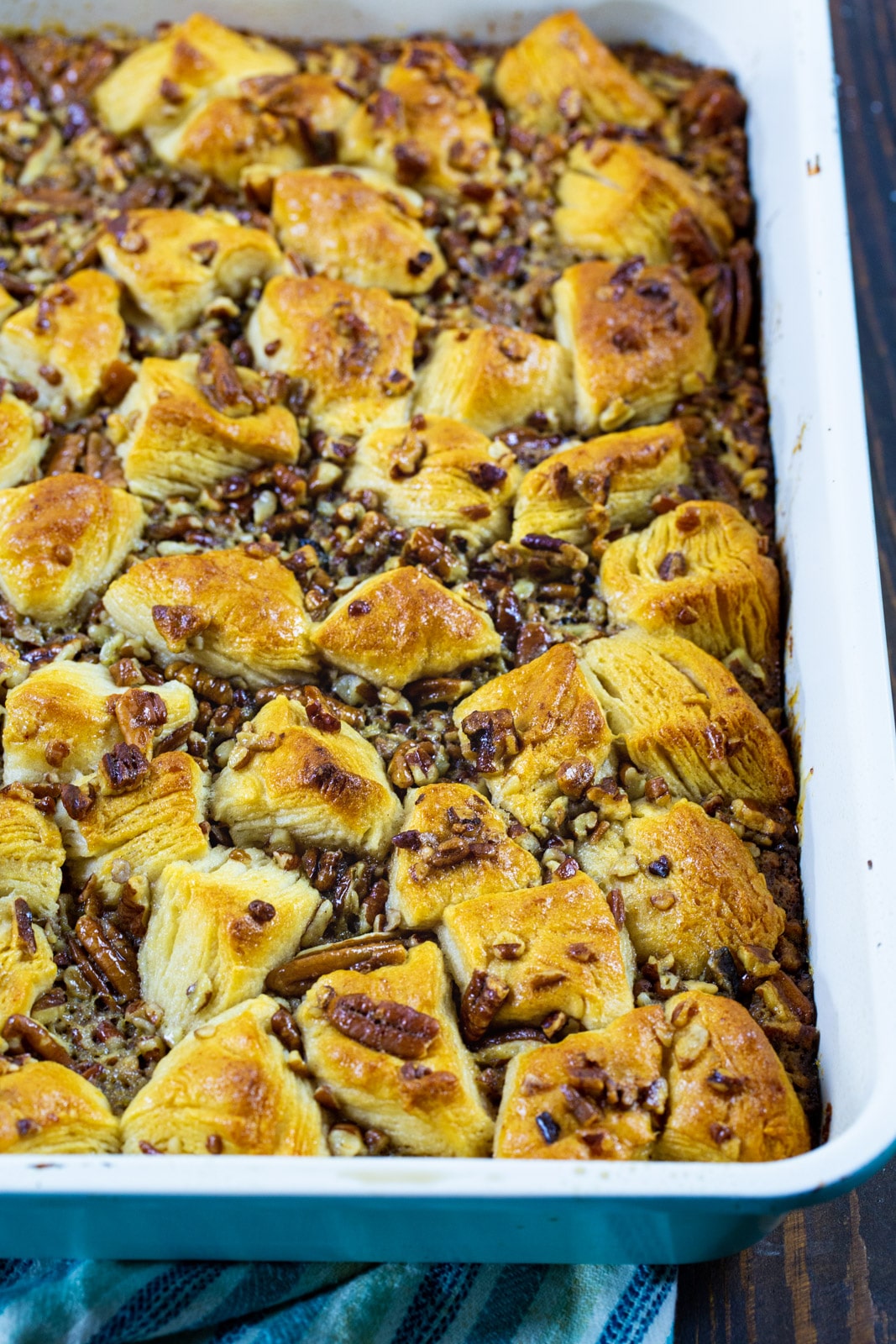 Pecan Pie Bubble Up in a baking dish.