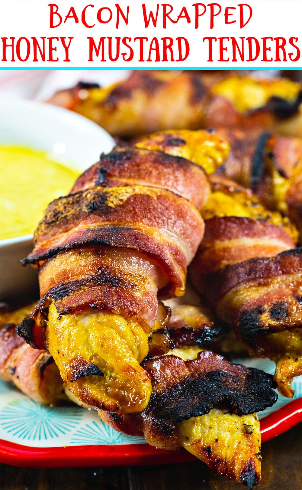 Close-up of Bacon-Wrapped Honey Mustard Tenders on a plate.