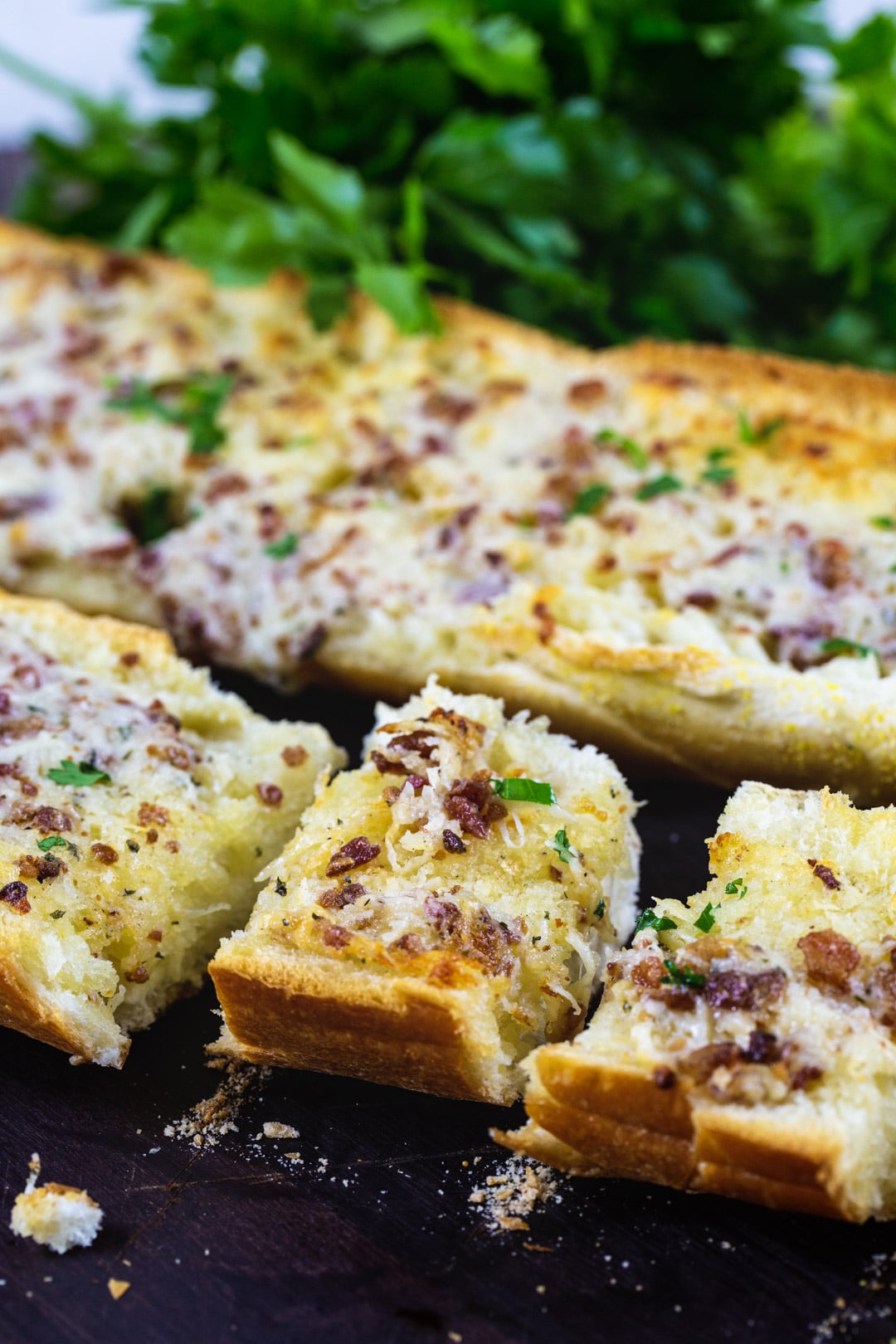 Garlic bread cut into slices.