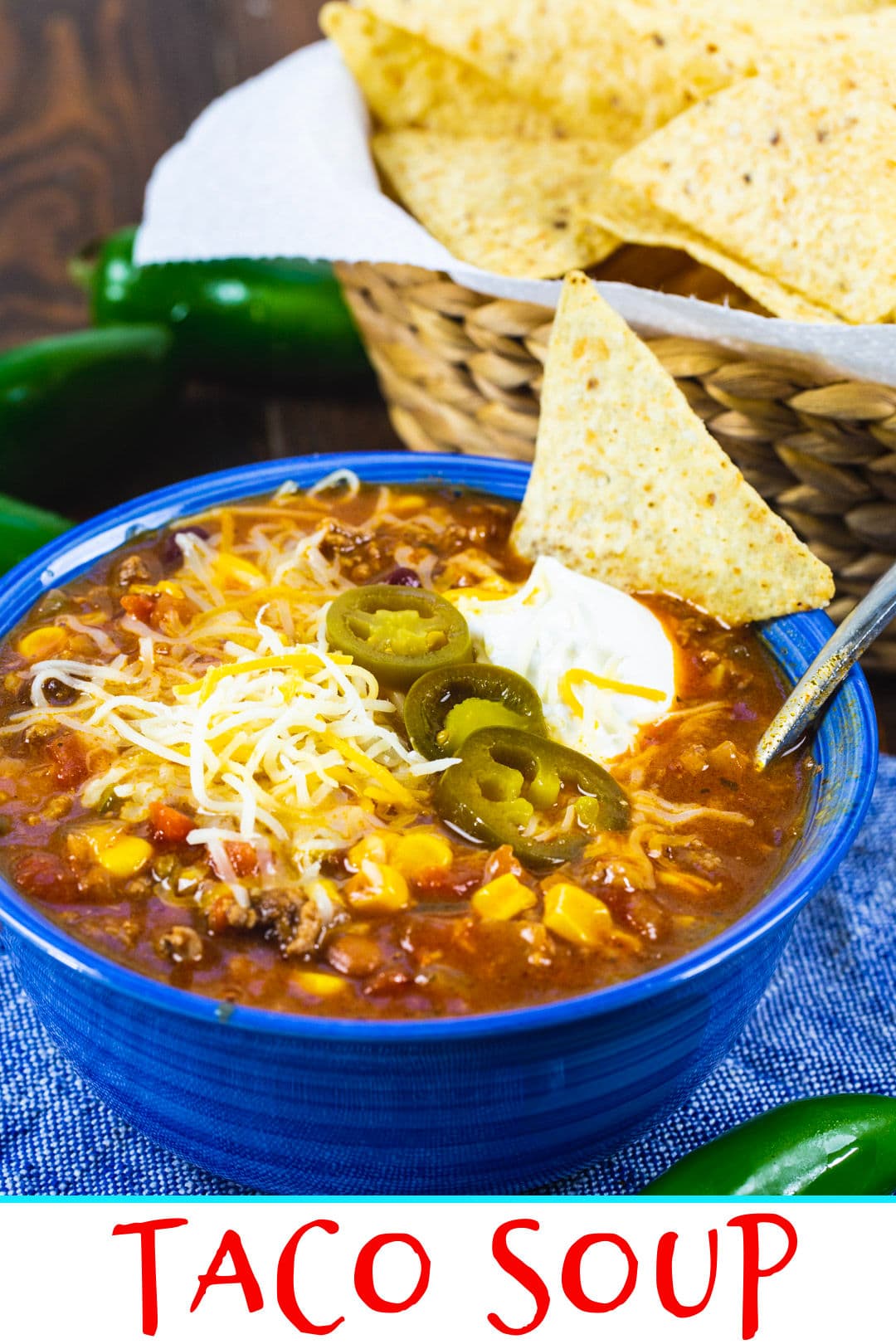 Taco Soup in a blue bowl.