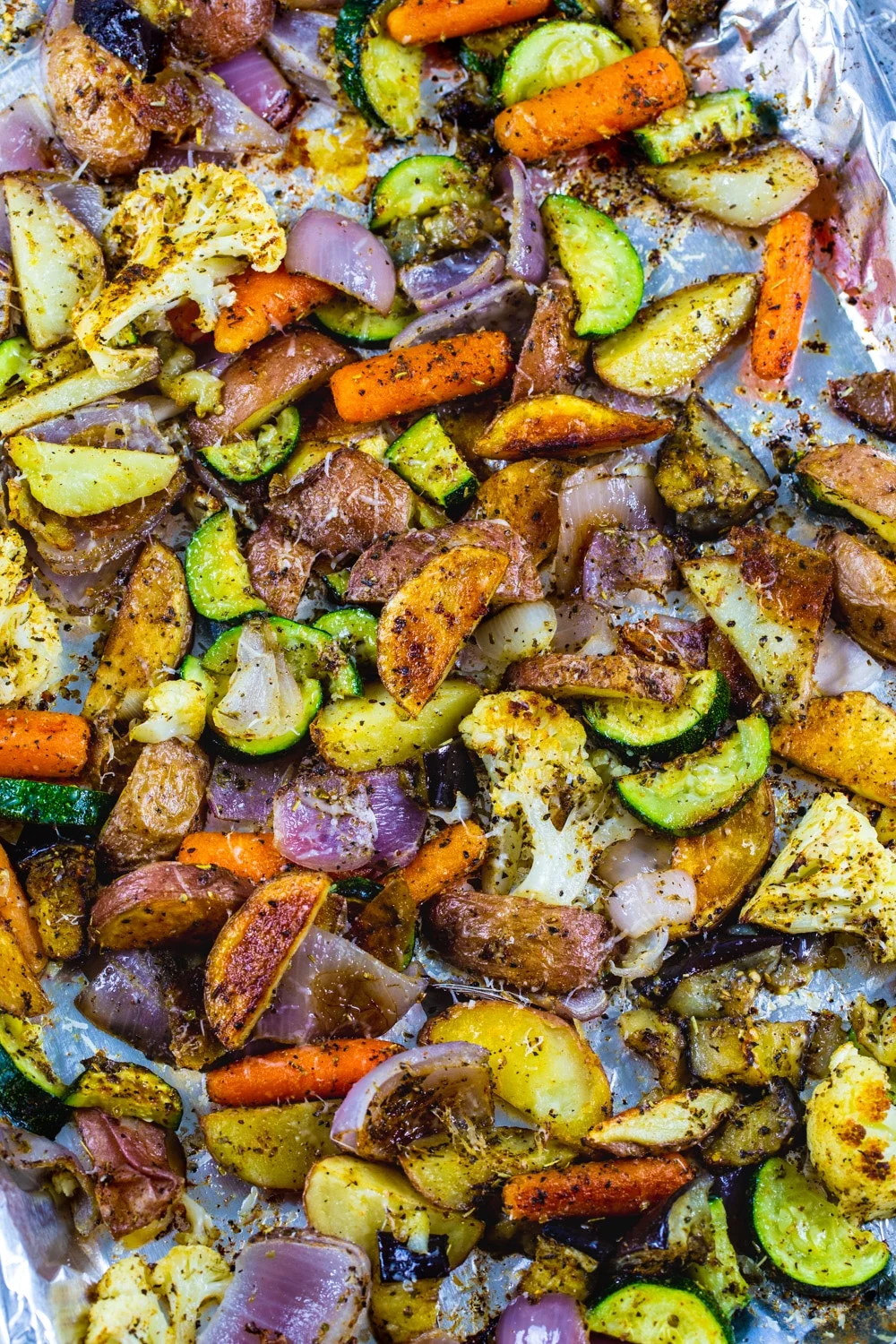 Italian Roasted Vegetables on baking sheet.