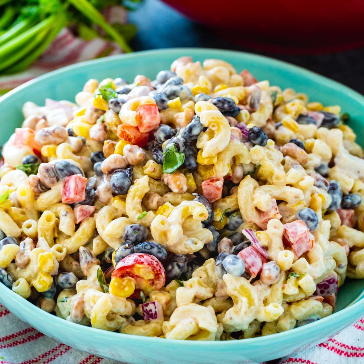 Texas Caviar Pasta Salad in a blue bowl.