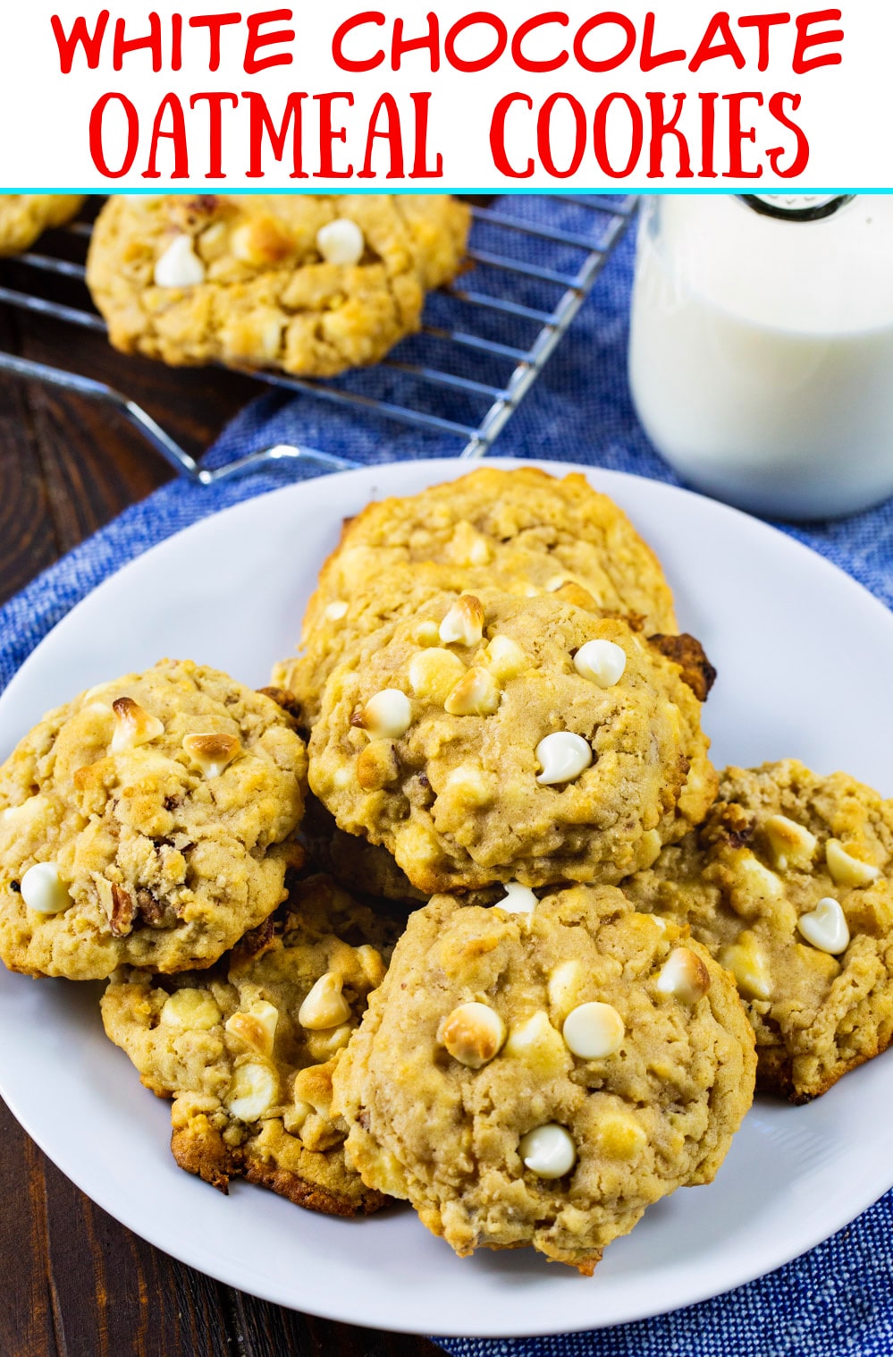 White Chocolate Oatmeal Cookies on a white plate.