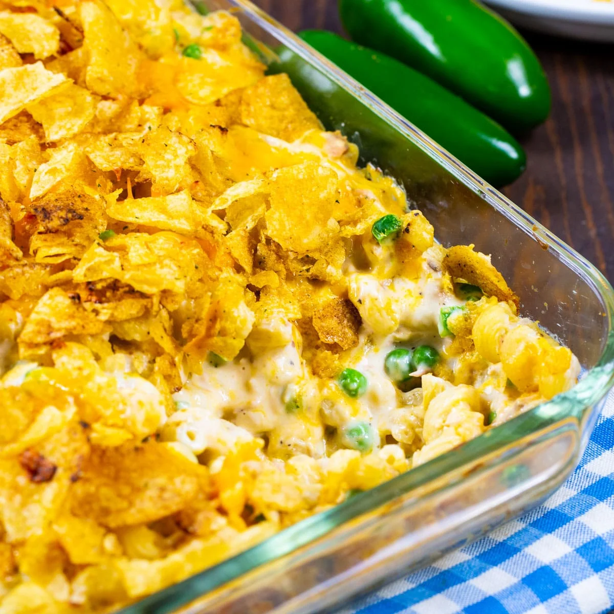 Jalapeno Tuna Noodle Casserole in a casserole dish.
