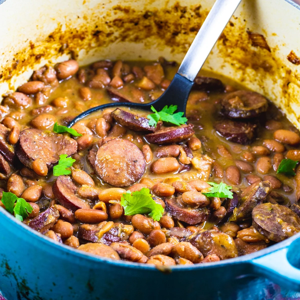 Pintos and Sausage in a Dutch oven.
