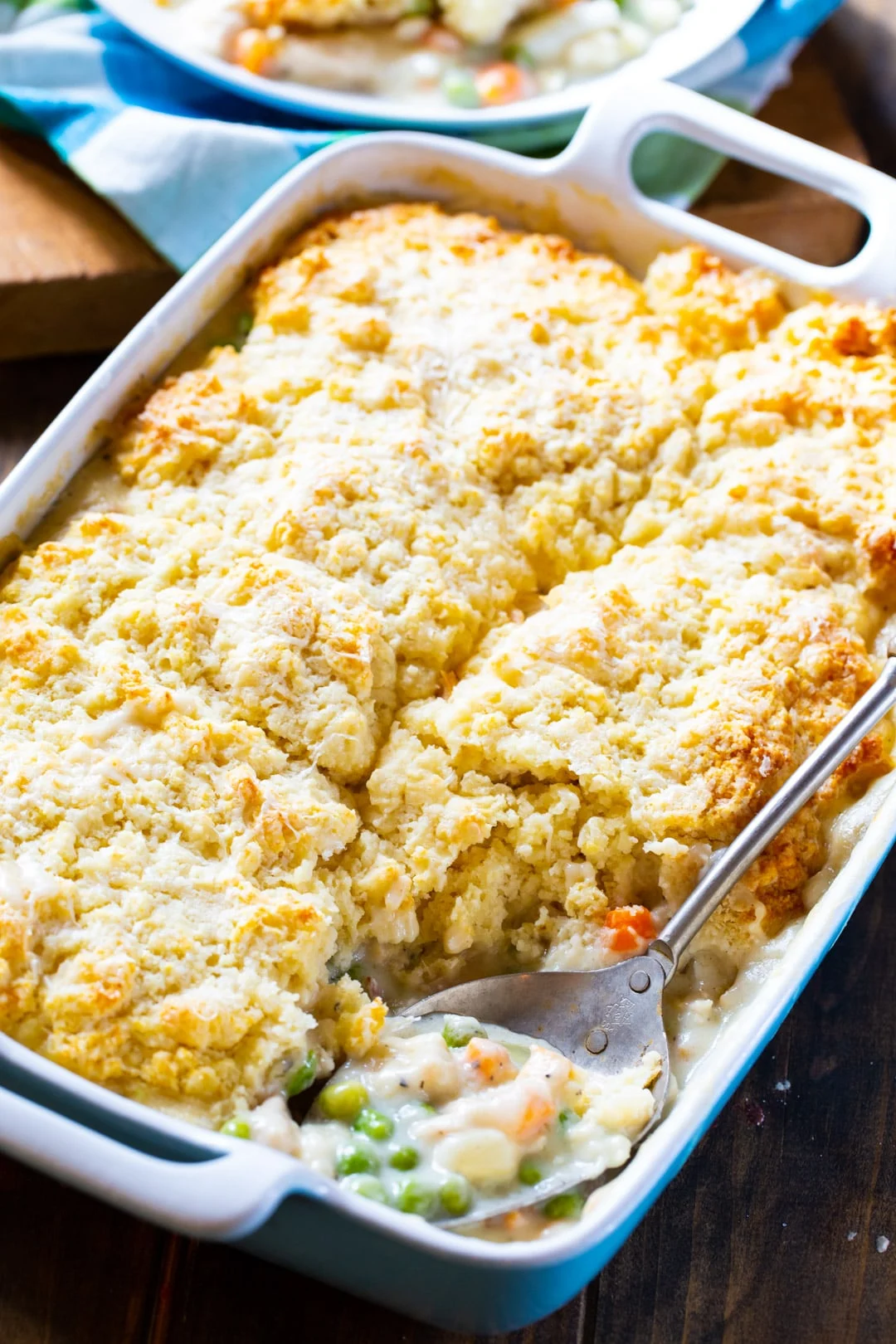 Pot Pie getting scooped with a spoon.