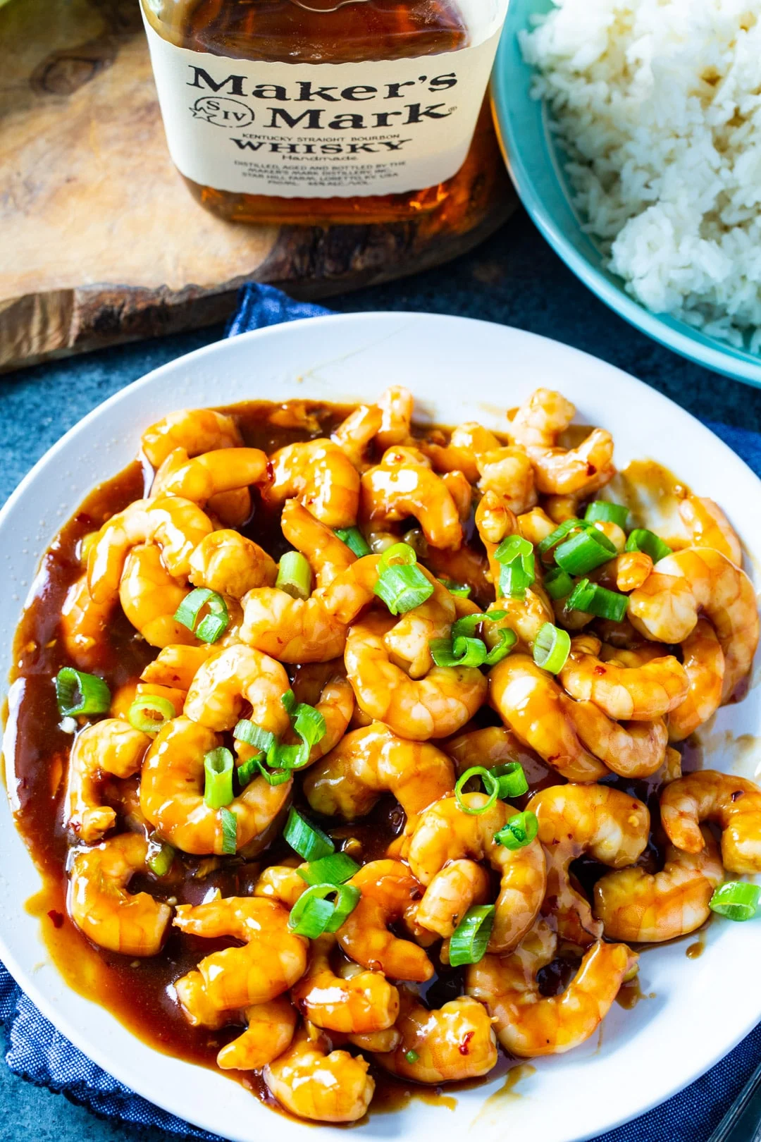 Overhead of Bourbon Shrimp.