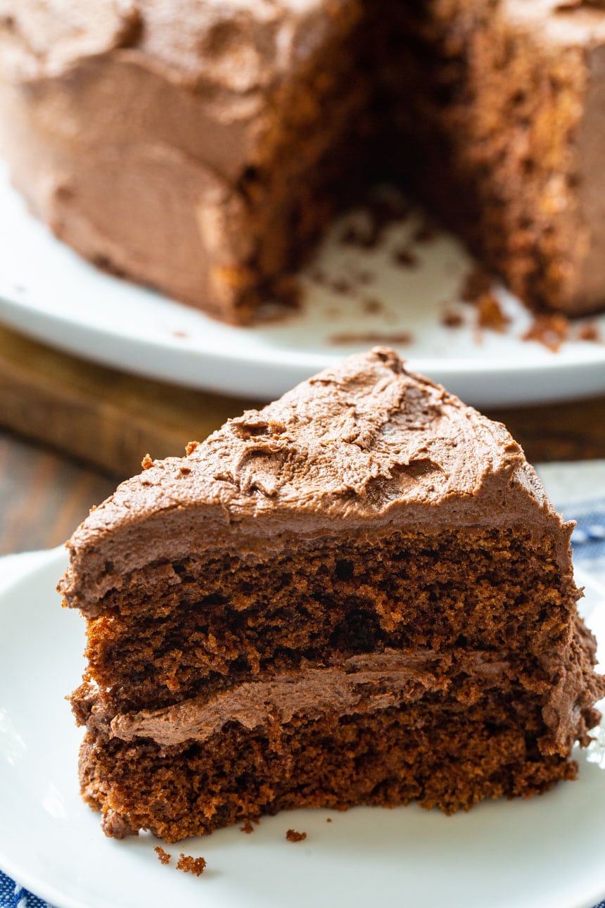 Slice of chocolate cake on a plate.