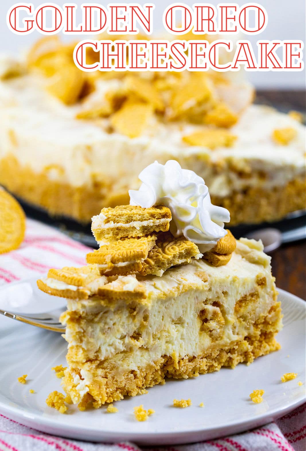 Slice of No-Bake Golden Oreo Cheesecake.