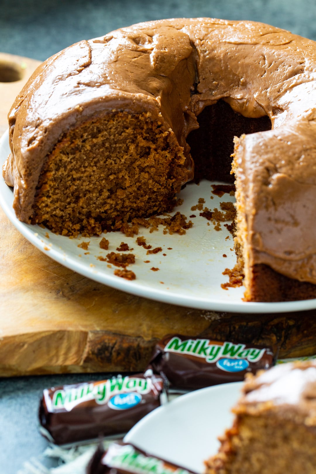 Milky Way Pound Cake with a few slices cut out.