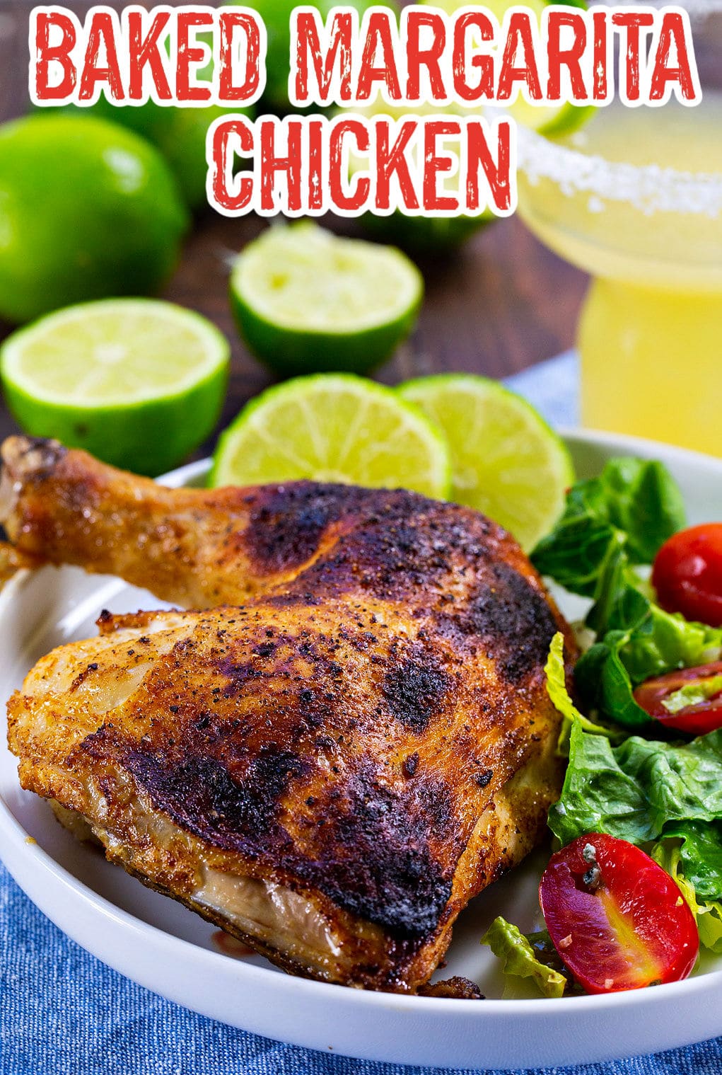Baked Margarita Chicken on plate with salad.