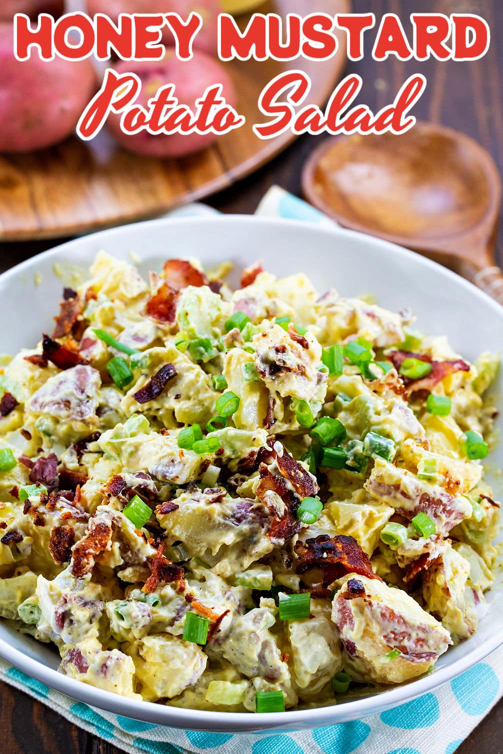Potato Salad in a bowl with whole potatoes in background.