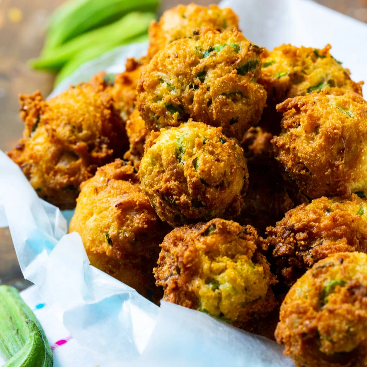 Okra Hush Puppies in a basket.