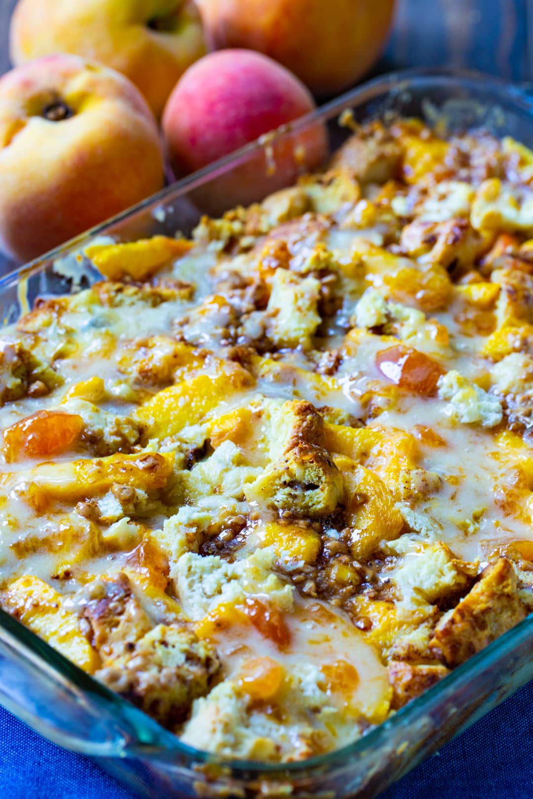 Peach Bread Pudding in a 9x13-inch baking dish.