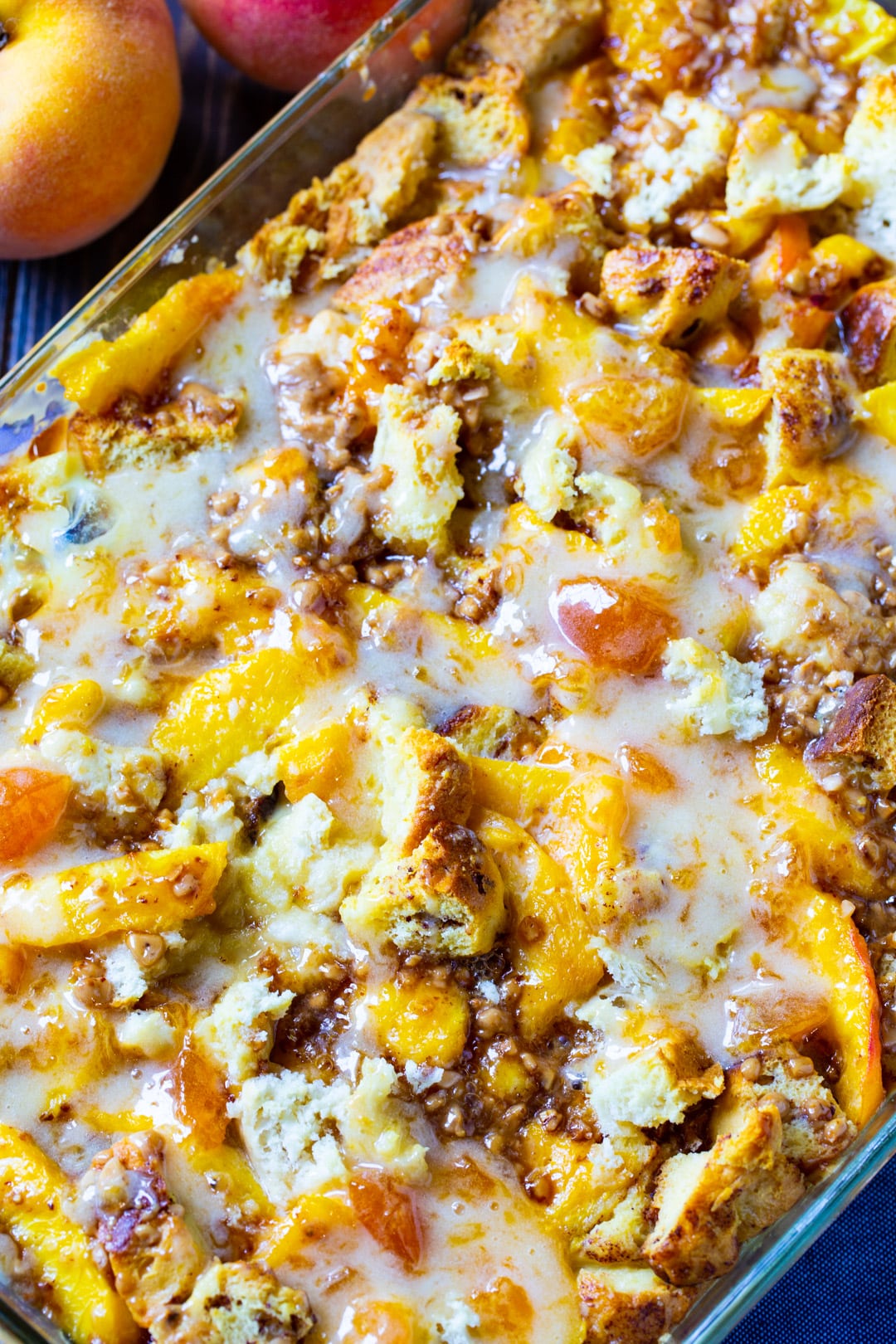 Cinnamon-Peach Bread Pudding in baking dish.