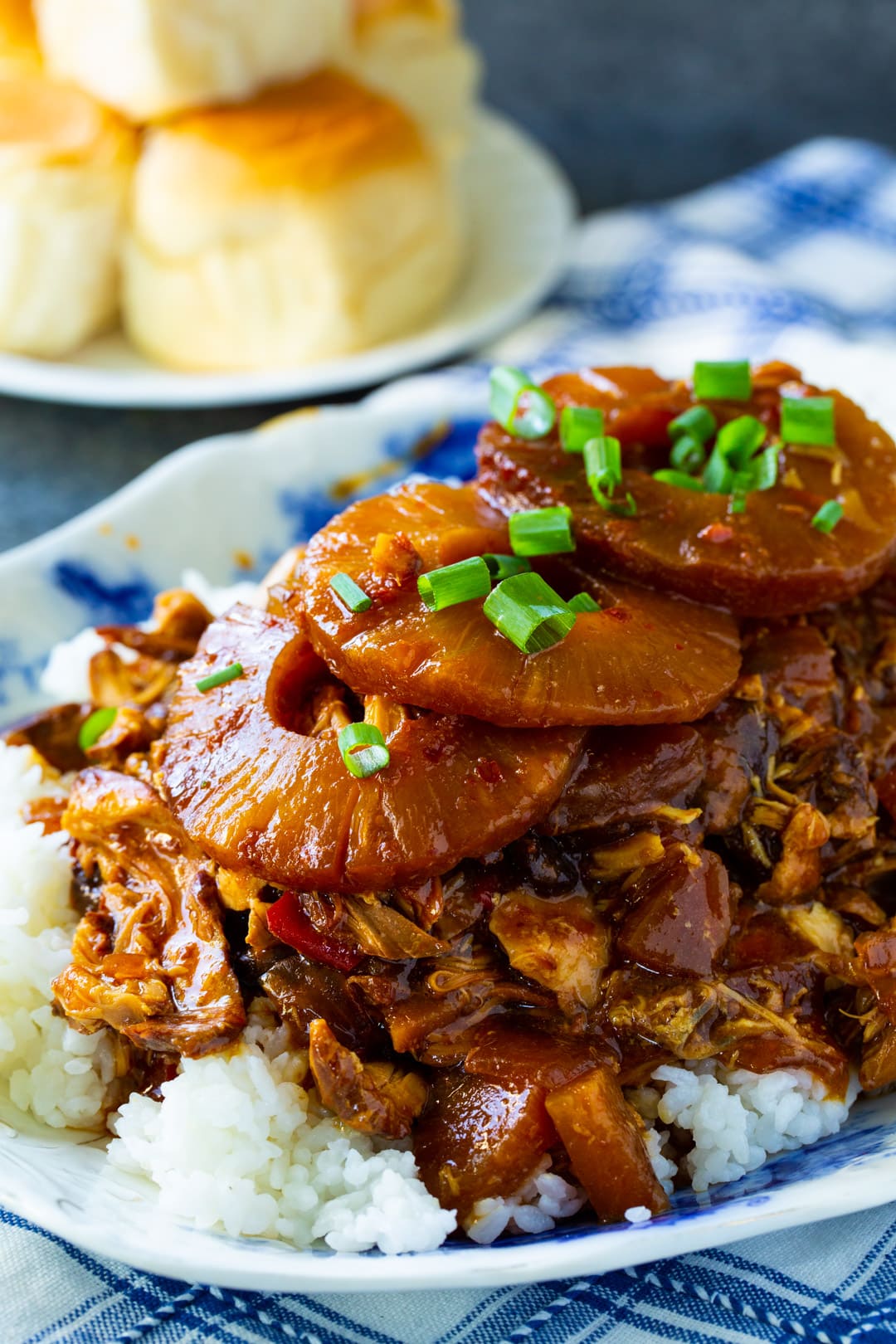 Hawaiian Chicken served over a bed of rice.