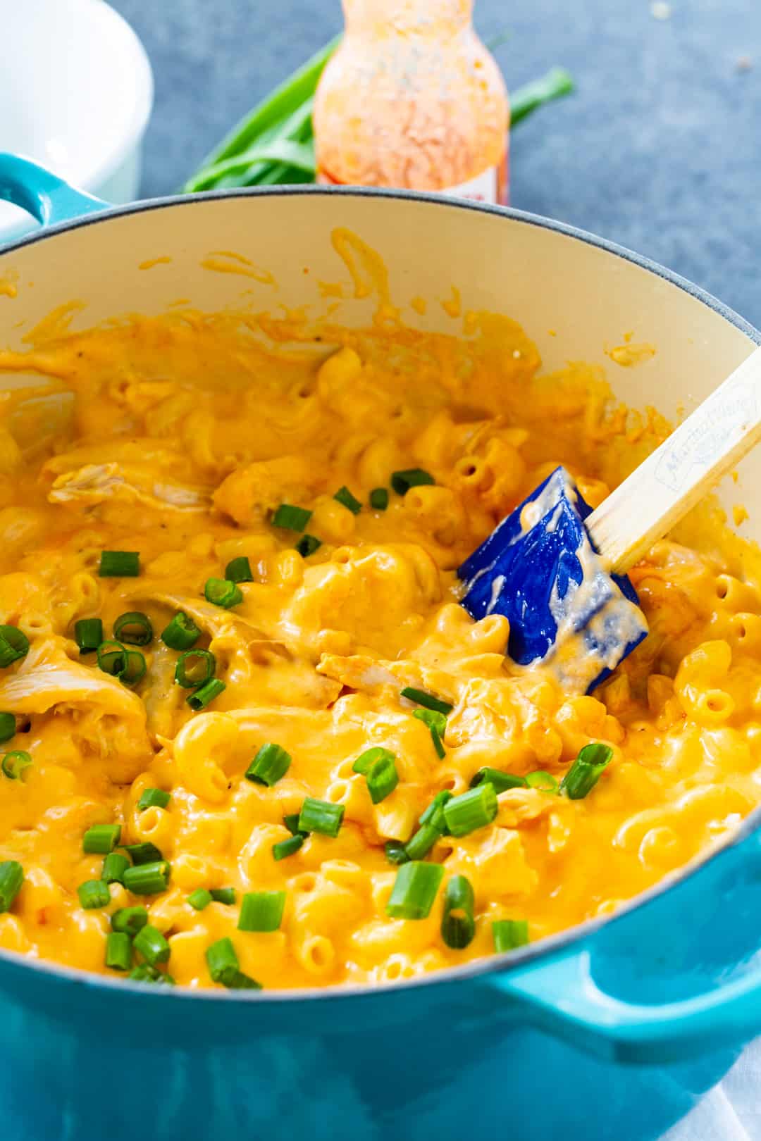 Mac and Cheese in a blue Dutch oven.