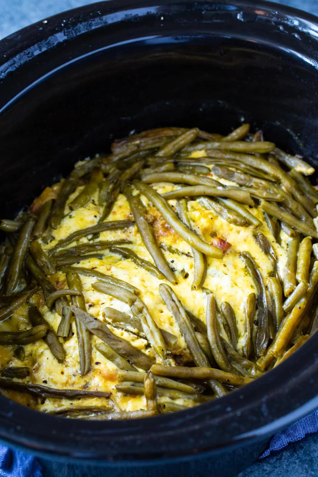 Chicken and Stuffing with Green Beans in slow cooker.