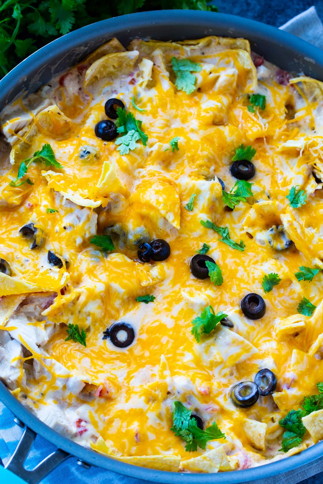 Overhead of One Pot Creamy Chicken Enchilada Skillet in skillet.