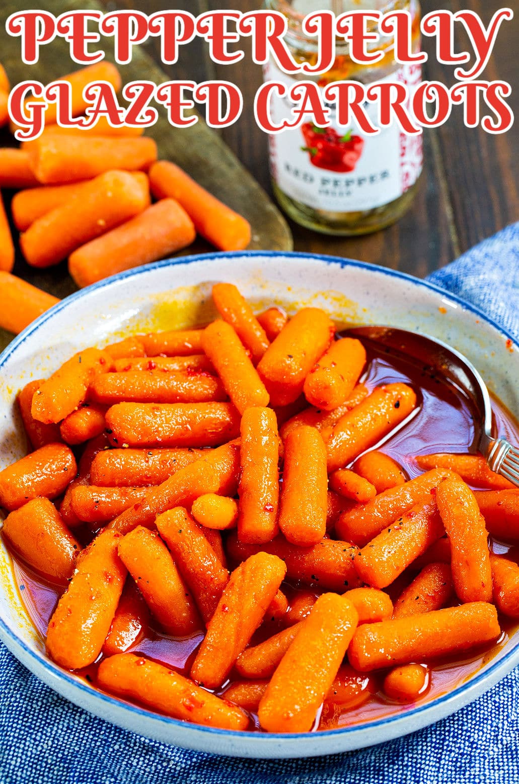 Pepper Jelly Glazed Carrots in bowl and jar of pepper jelly.