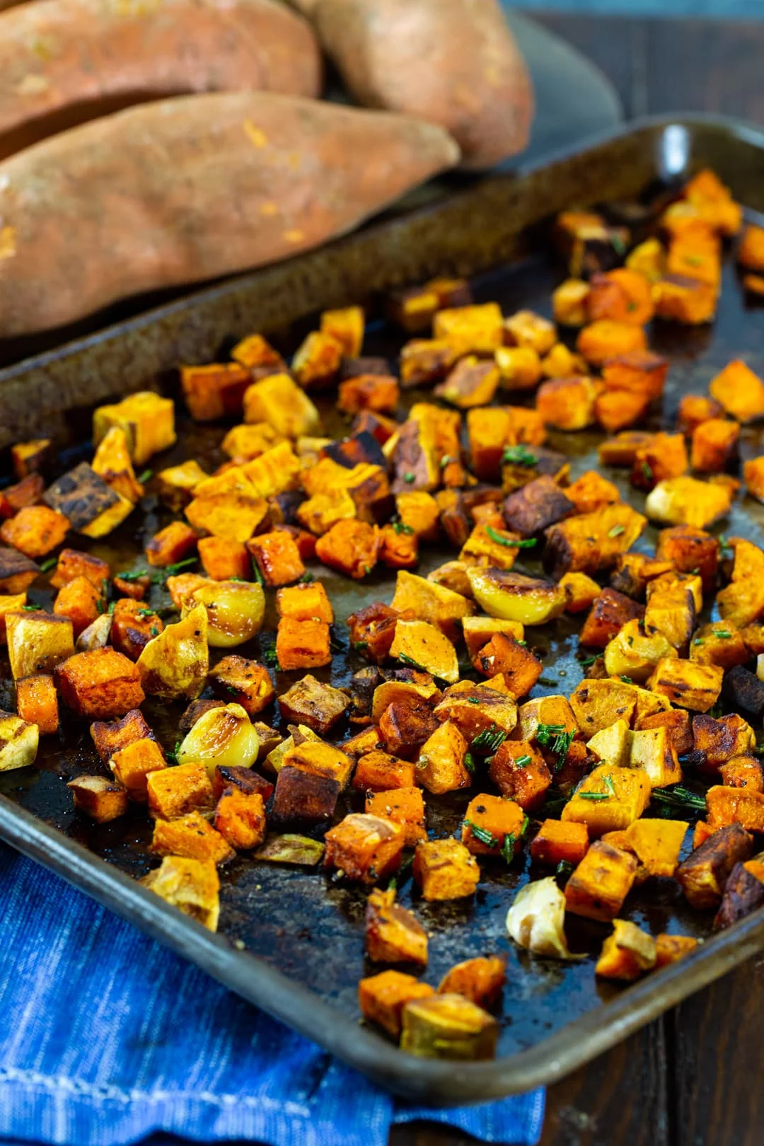 Roasted Sweet Potatoes on a baking sheet.