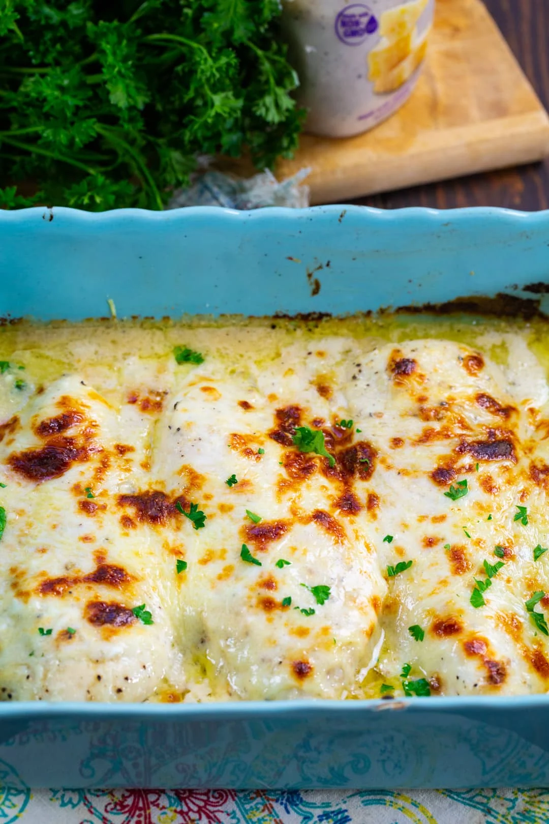 Baked Chicken in baking dish.