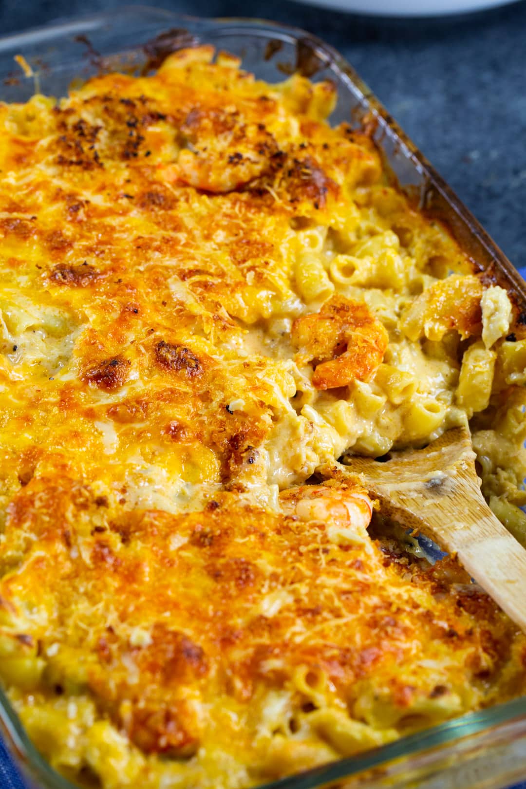 Cajun Shrimp and Crab Mac and Cheese in baking dish.