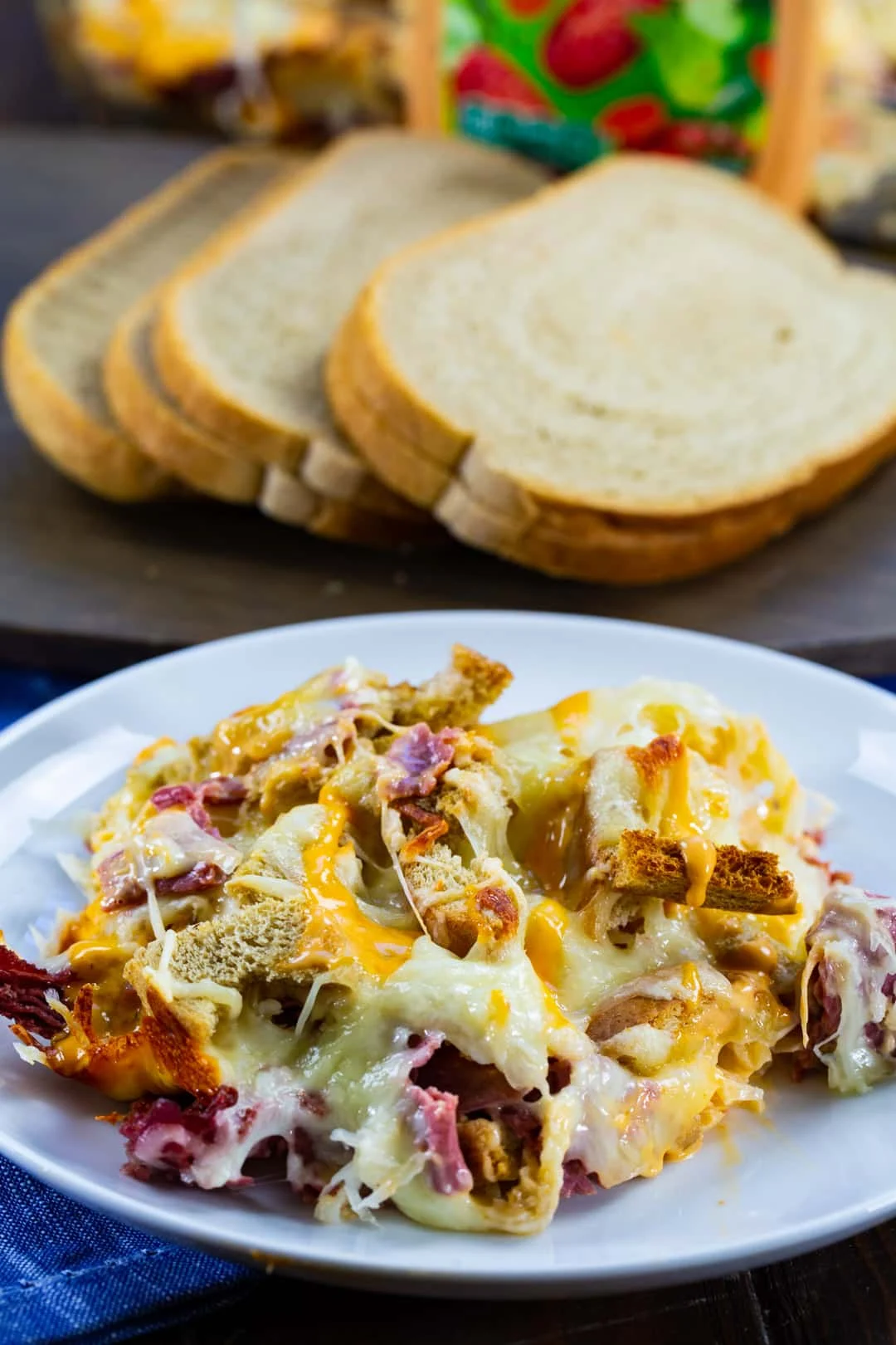Reuben Casserole dished up on a plate.