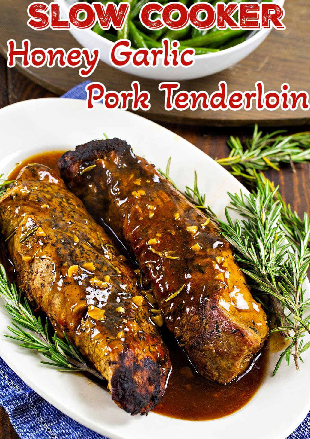 Slow Cooker Honey Garlic Pork Tenderloin on serving platter.