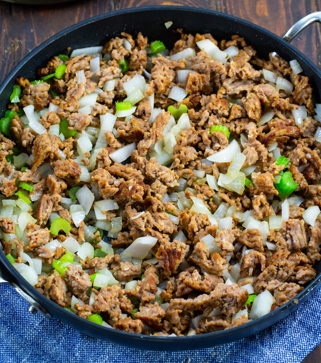 Sausage, onion, anad celery in skillet.