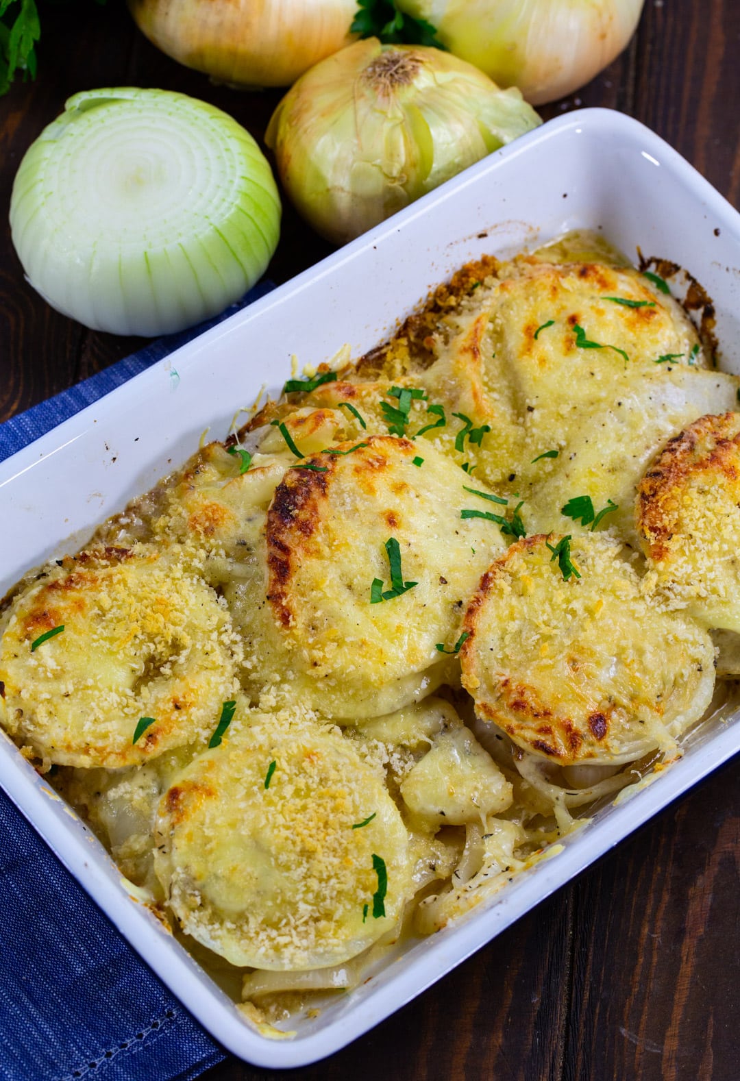 Baked Vidailas in baking dish.