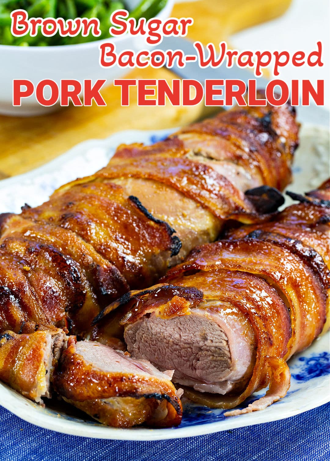 A few slices cut from Brown Sugar Bacon Wrapped Pork Tenderloin.